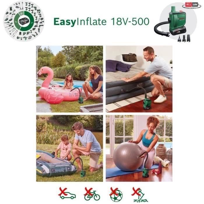 gonfleur sans fil BOSCH Easyinflate 18V-500 livré avec 3 buses a air, tuyau 50 cm, sac textile sans batterie ni chargeur 0603947200