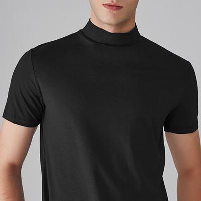 Camiseta Masculina Gola Meia Alta Slim Fit Verão Casual Manga Curta Cor Sólida Elástica Fina Pulôver Camiseta