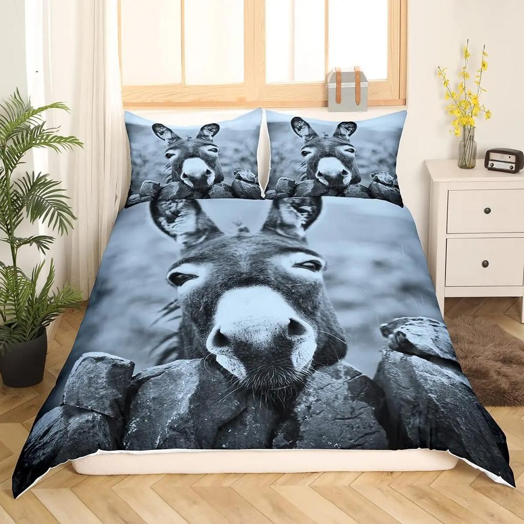 Donkey King Queen Duvet Cover Cartoon Funny Donkey Bedding Set Farmhouse Animal Comforter Cove Sunflower Polyester Quilt Cover