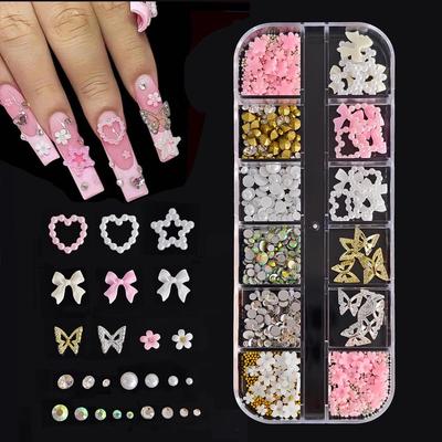 12-Grids Floral Steel Beads & Pearl Rhinestone Nail Art Decor Set