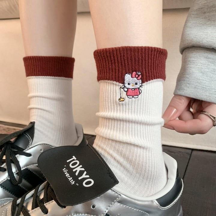 Korean Trendy Double Needle Mid-Calf Socks with Foldable Ribbed Cuff & Cute Cartoon Cat Embroidery