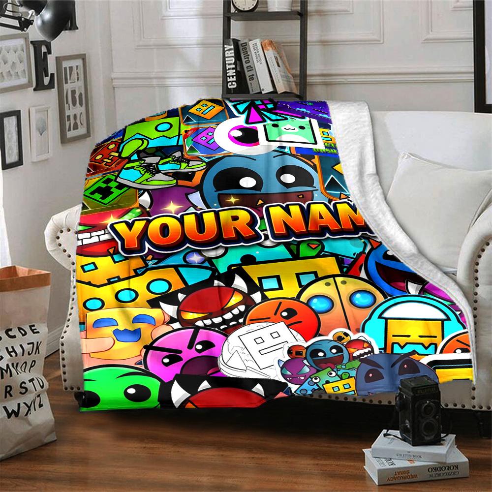 1pc Geometry Dash Blanket with Custom Name, Gift, for Men and Women, Soft Blanket, Good for Sofa Bed Couch Travel, Lightweight Flannel Blanket