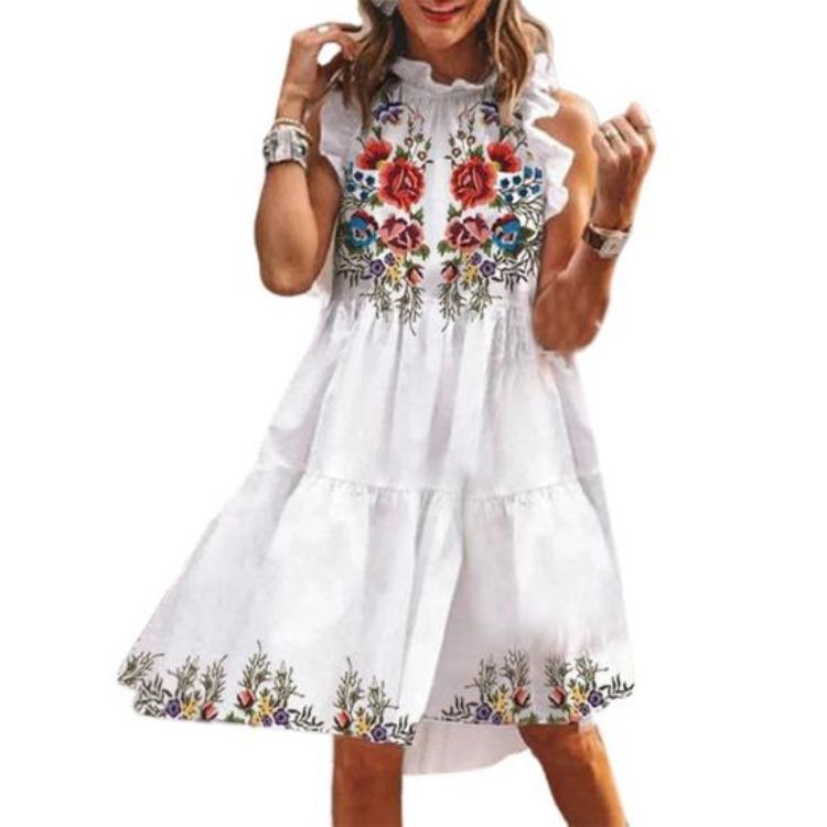 

Floral Print Sleeveless Dress Women Loose Ruffle Streetwear Party Knee-length Fashion M белый