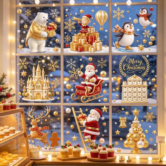 Santa Claus Window Decor 9Pcs Christmas Clings, Golden Static Stickers, Glue Free Decals with Festive Glass Stickers Elk Castle and Tree Patterns for