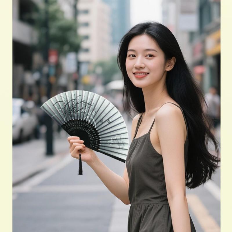 Chinese Style Bamboo Folding Hand Fan Feather Print Handheld Fan for Dance Photo Home Decor Gift