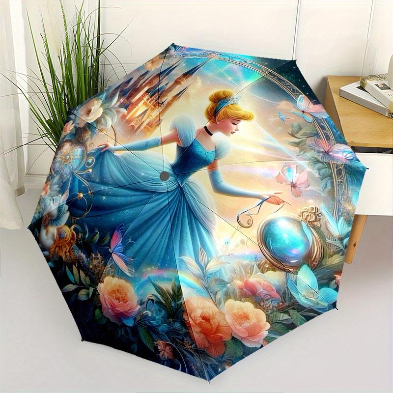 Disney Cinderella, Fairy Tale Themed automatic opening and closing folding umbrella, portable - durable, 8-rib umbrella frame, very suitable