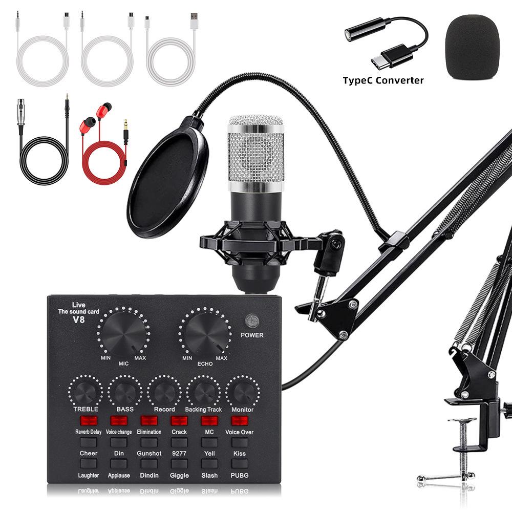 Custom Condenser Microphone & Sound Card Set for Podcasts, Live Broadcasts & Computer Use (v8)