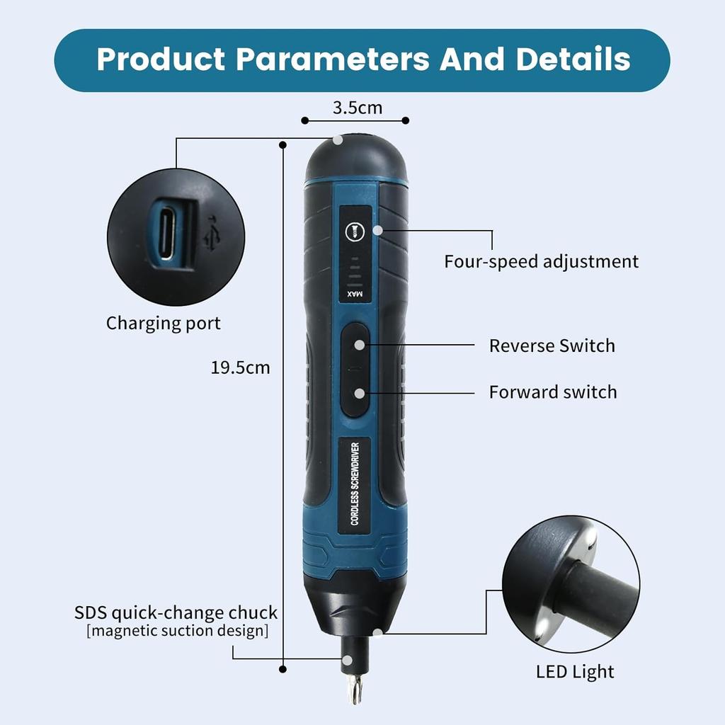 Electric Cordless Screwdriver 105-in-1, 3.6V, 4-Gear Torque, LED Light, 5N.m Max Torque