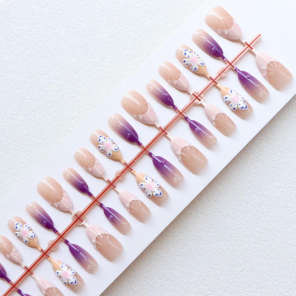 Ocean Light Purple Almond-Shaped Wearable Nails with Rhinestone French Ice Translucent Design