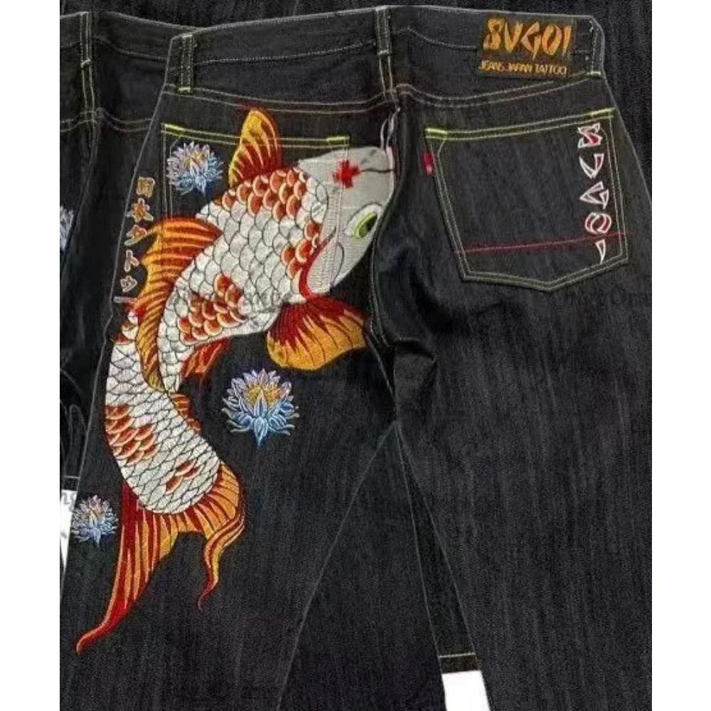 RogueWave Japonské Retro Personalizované Tištěné Džíny s Vysokým Pasem pro Páry s Velkými Kapsami pro Street Wear Y2K Džínové Kalhoty