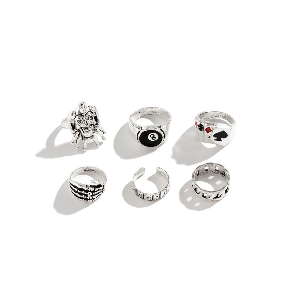 Hip Hop Vintage Skull Ghost Claw Poker Clown Ring Set for Women Hollow Geometric Size 8 Jewelry Steampunk Men