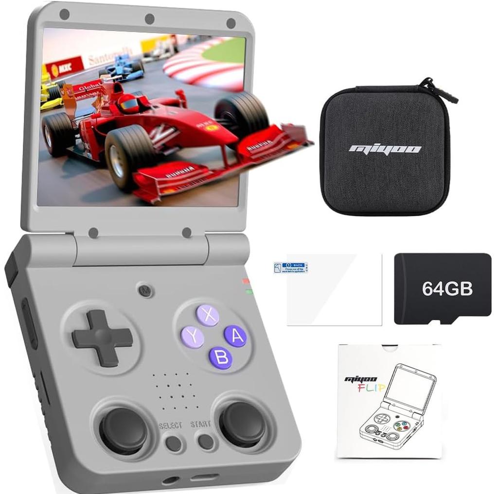 Miyoo Flip V2 Foldable Retro Handheld Game Console with IPS 3000mAh 64GB Gray RK3566, 3.5-inch Screen, WiFi/Bluetooth Support, Battery, RAM,