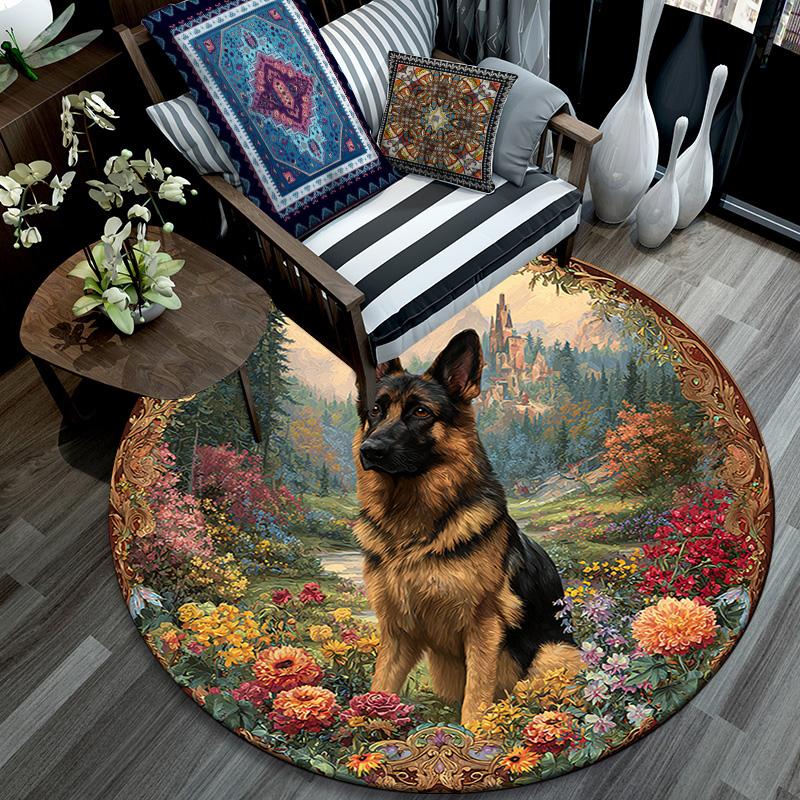 German Shepherd Round Area Rug,Carpet Rug for Living Room Bedroom Sofa Playroom Decor,Non-slip Floor Mat