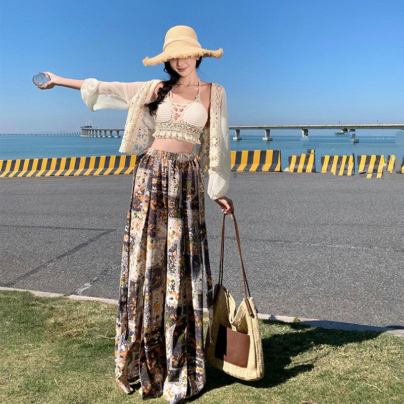 Seaside vacation suit, sexy bikini knitted suspenders + sunscreen cardigan + bohemian print wide-leg pants