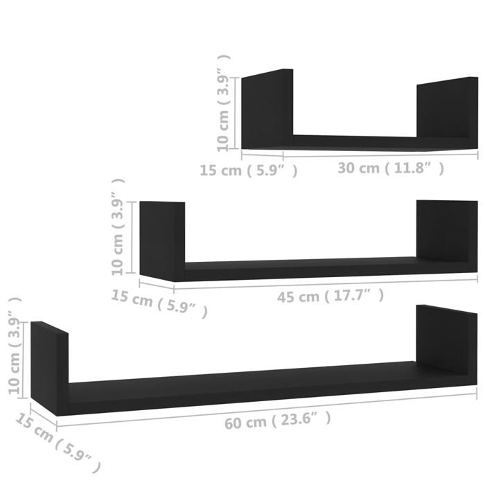 VidaXL Wall Shelves 3 Pcs, Storage Furniture, Home Organizer Living Room Interior, Black Wood 800199