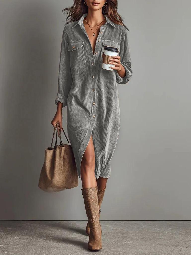 Corduroy Long-Sleeve Dress: Europe & America Fashion Trend Loose Lapel Shirt Skirt