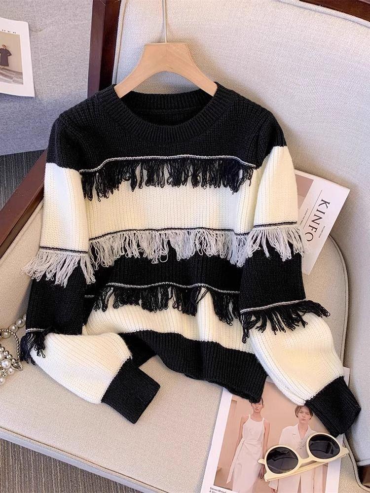 Lazy Wind Tassel Sweater Women's Striped Knitted Base Shirt with Loose and Thick Top