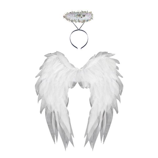 Elastic Strap Angel Wings Feather Wing for Women Girls, Soft Organza Costume Accessory Fluffy with Headband Photo Booth, Halloween Cosplay Party,