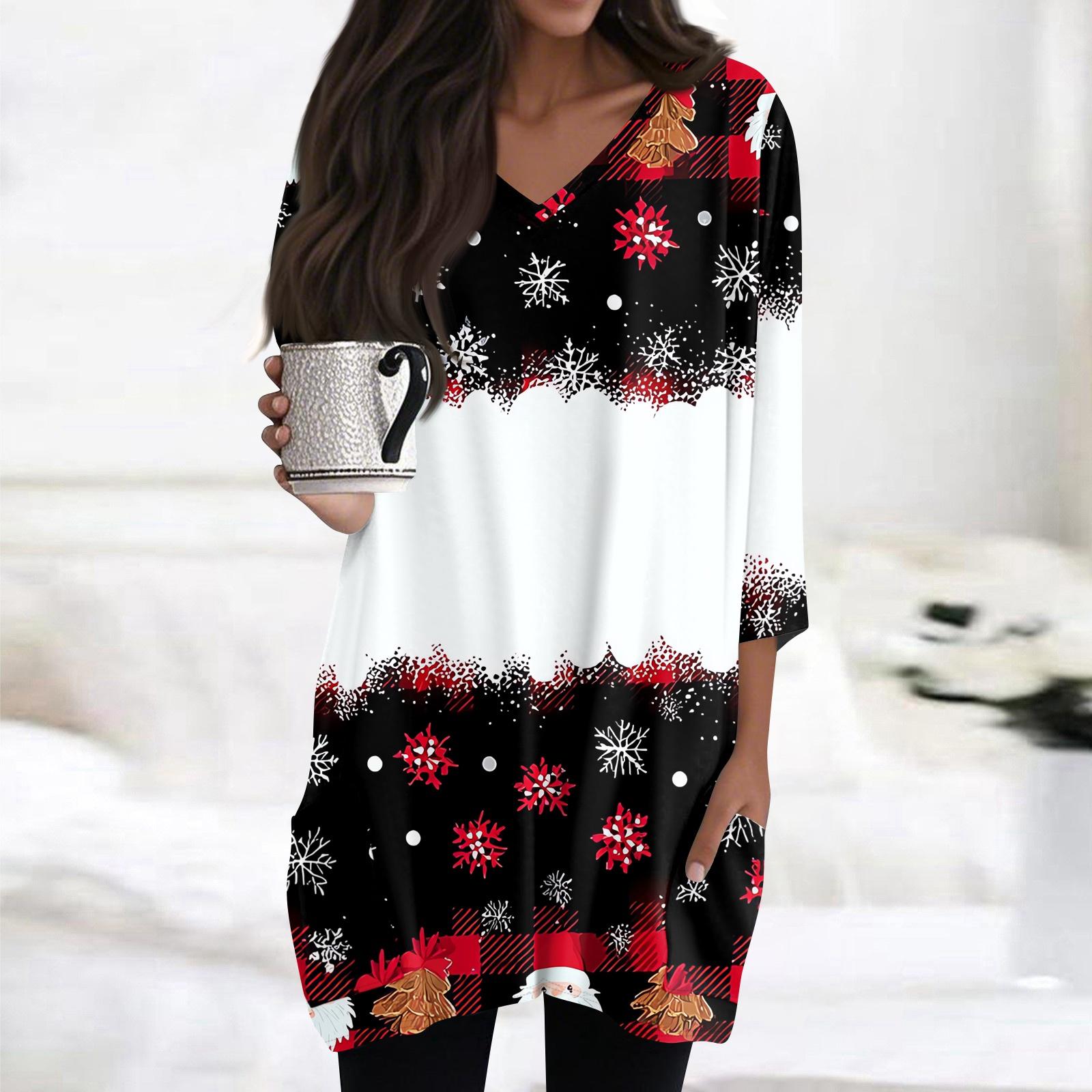 

Женские топы с V-образным вырезом и рукавом 3/4, повседневные блузки средней длины, модные туники с рождественским принтом и карманами L