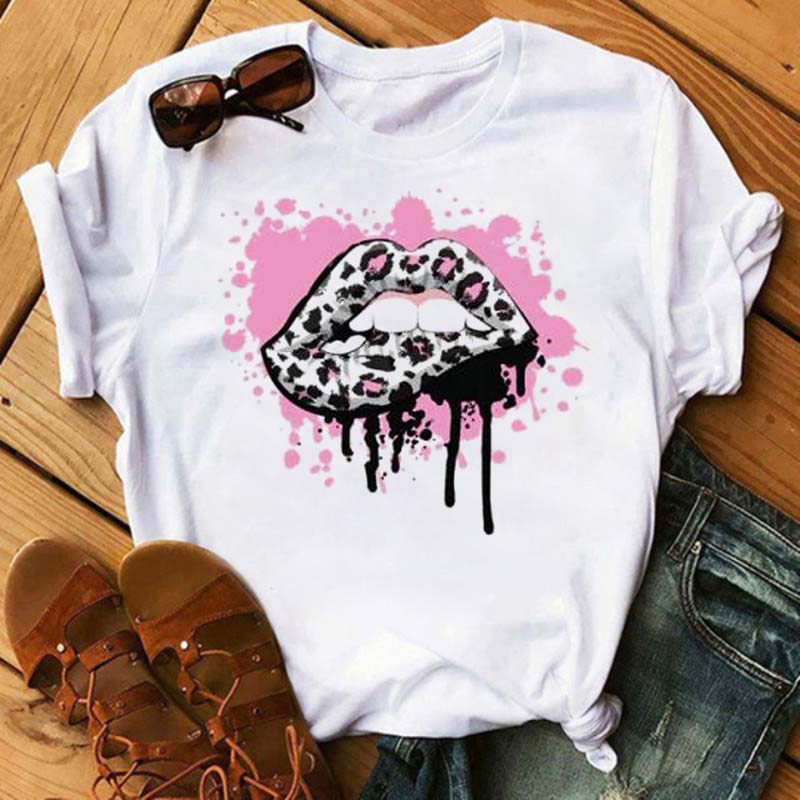New Unisex Pink Lips Leopard Graphic T Shirt Casual Fahion Oneck Sexy Black Tees Kiss Lip Funny Girls Tshirtdrop Shipping