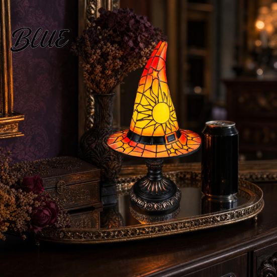 Handcrafted Witch Hat Ornament Stained Glass Lamp Table Lamp with Inline Switch USB Powered Decorative LED Desk Style Halloween for Bedroom