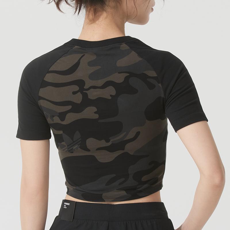 Adidas Originals Baby Tee Camo Outdoor Series Round Neck Color Block Camouflage Fitted Short Sleeve Top Women tops Black Green JI5740
