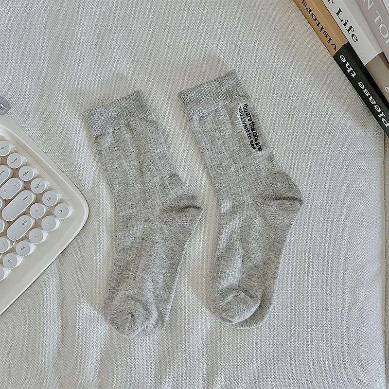 Letter Embroidery Women Socks Korean Style Solid Color Black White Gray Socks Casual Streetwear Hip Hop Skateboard Sports Socks