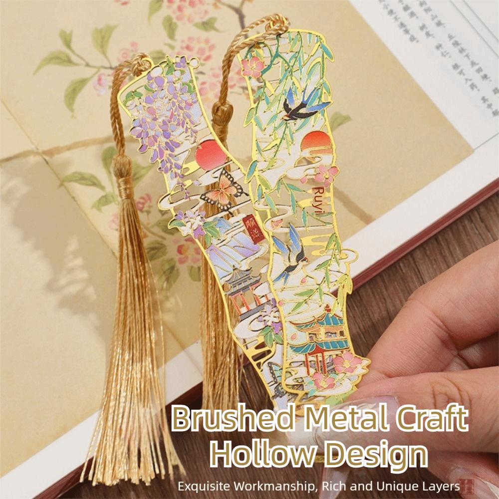 Chinese Style Metal Bookmarks Portable Students Reading Tool Hollow Hot Stamping Bookmark Long Tassel Bookmarks