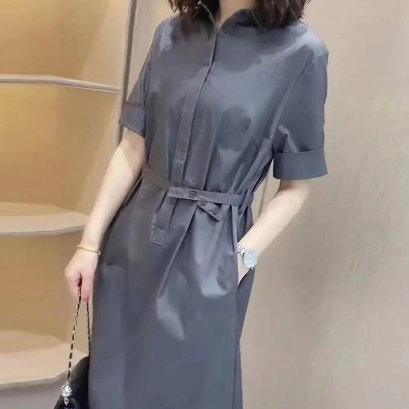 

Европейские товары Летнее поступление Шнуровка Облегающее талию Платье в стиле офисной леди Женское 2024 Мода Минималистичное Широкое платье-рубашка Платье средней длины Gray M