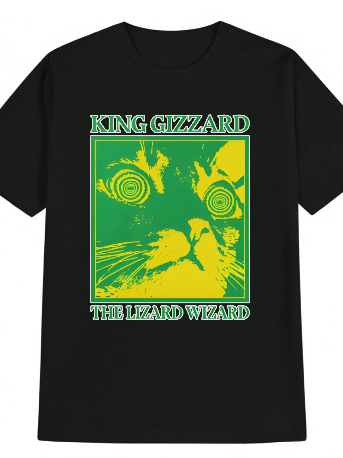 KING GIZZARD Graphic T-shirt - Black Cat Face with Spiral Eyes & Green Background Print XXXL