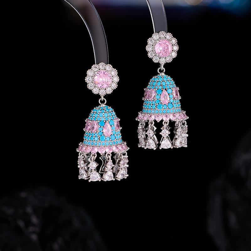 S925 Sterling Silver Needle Wind Chime Earrings, Heavy Craft Micro Inlaid Zircon Delicate Drop Ear Accessories for Daily Party