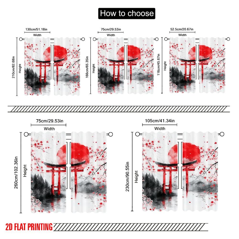 2pcs,2D Plane Printing Window Curtain Cherry Gate Sunrise Polyester (without Rod) Festive Ldeal for Bedroom, Living Room