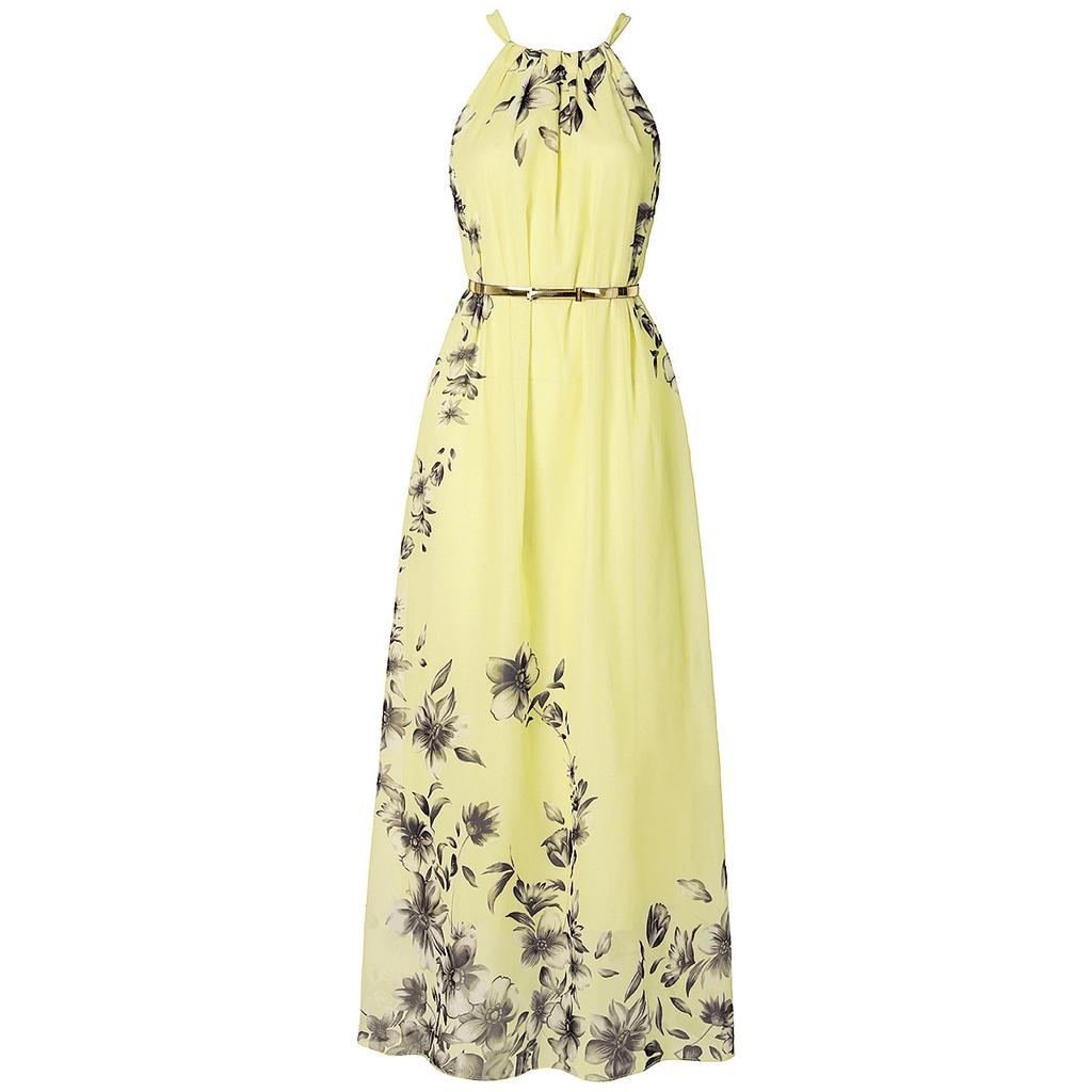 Blommönster Halter Chiffong Lång Klänning Dam Klänningar Sexig Casual Beach Dress