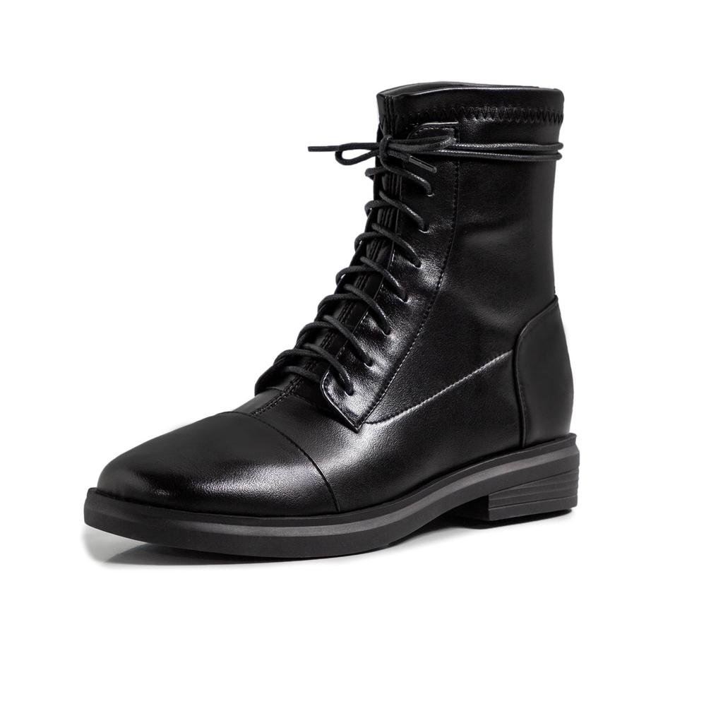 Krazing Pot Skórzane buty zimowe z okrągłym noskiem, grube, niskie obcasy, motocyklowe, damskie, sznurowane, duży rozmiar 43, botki