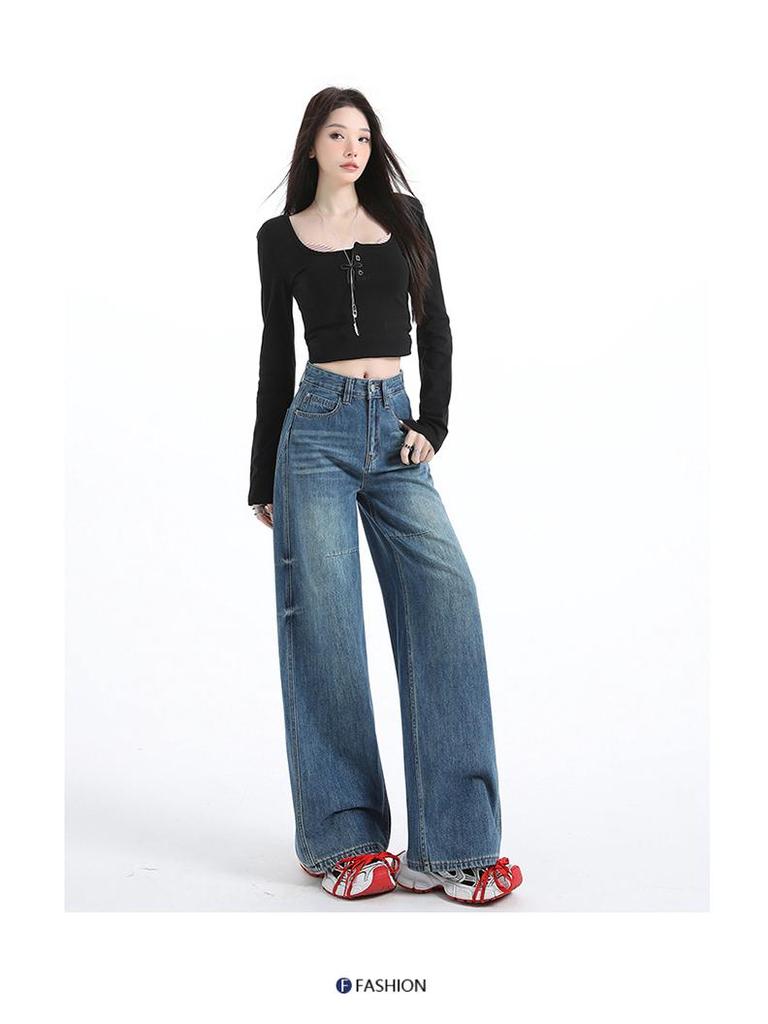 Women's American Retro Blue Wide-Leg Scissor-Cut Jeans - High-Waisted, Slimming, Loose, Floor-Length, Spring 2026 Collection