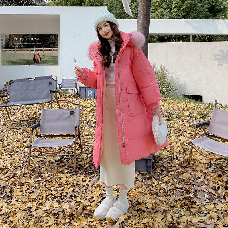 Plus Size Long Down Jacket for Women with Fur Collar and Hood, 300 Jin Capacity