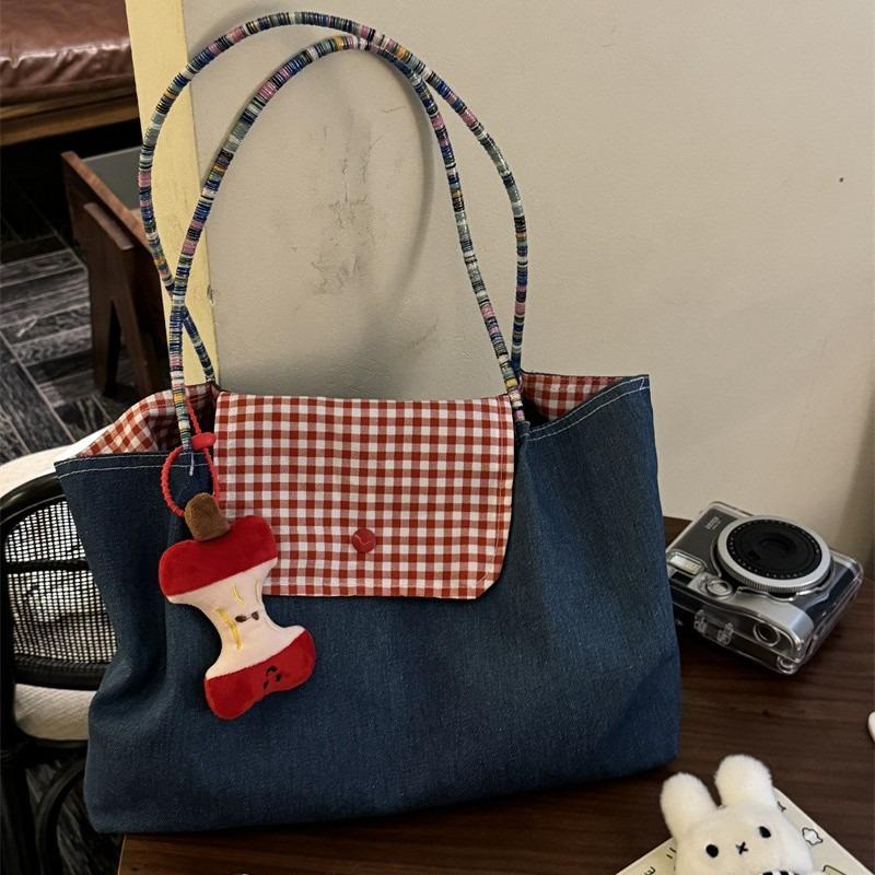 New Oversized Large-capacity Red Shoulder Hand-held Plaid Canvas Bag Versatile Student Commuter Leisure Tote Bag Women