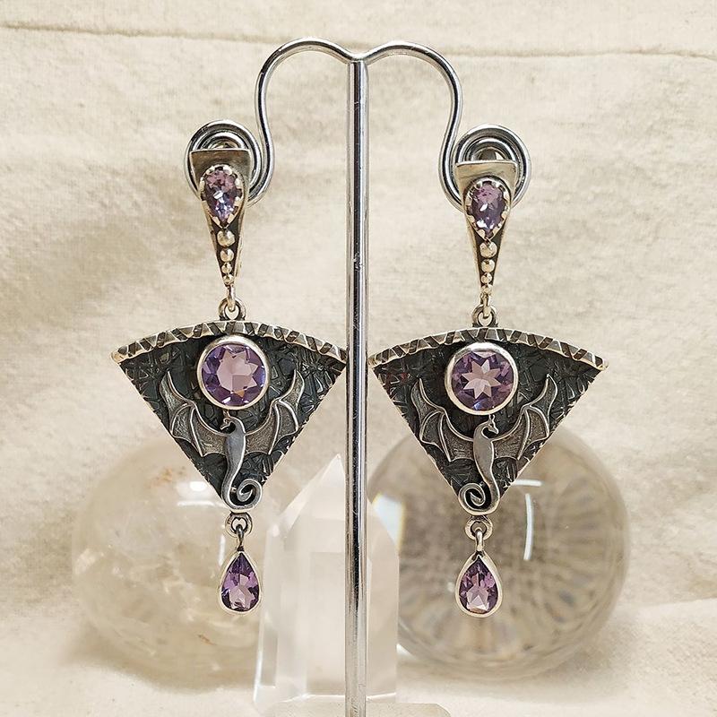 Punk Goth Dangling Earring Silver Plated Flying Dragon Inlay Purple Earrings For Women Jewelry Party Accessories