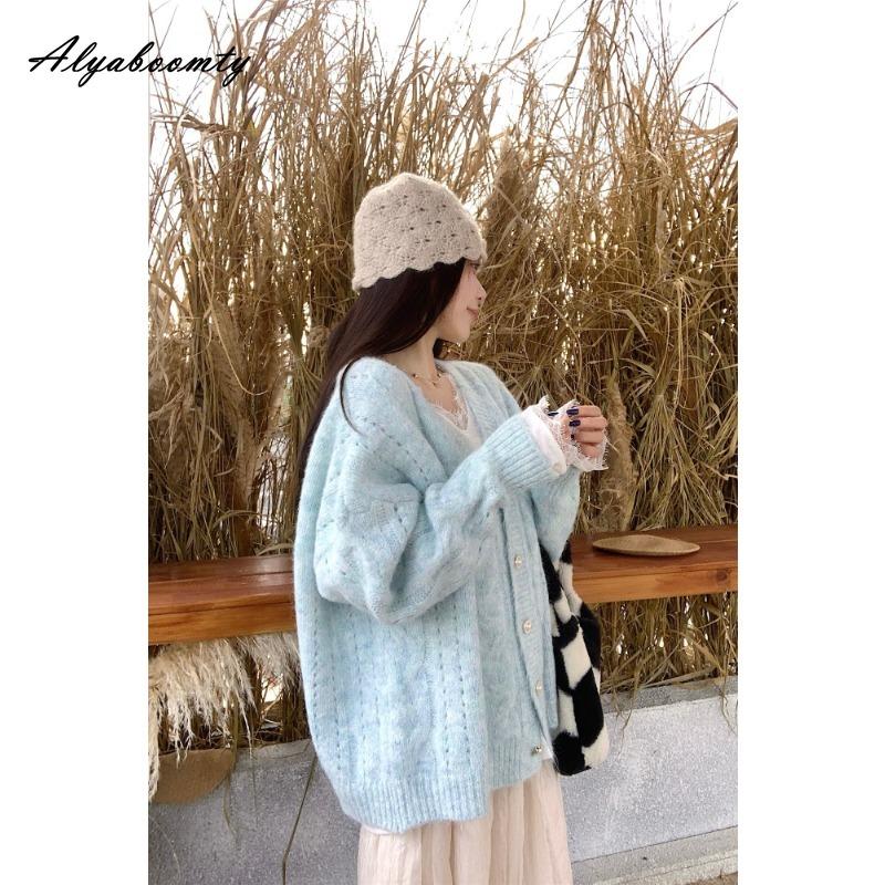 Korean Fashion Autumn Winter Women Knitted Sweater V Neck Oversized Blue Knitting Cardigan Baggy Ladies' Sweet Warm Outerwear