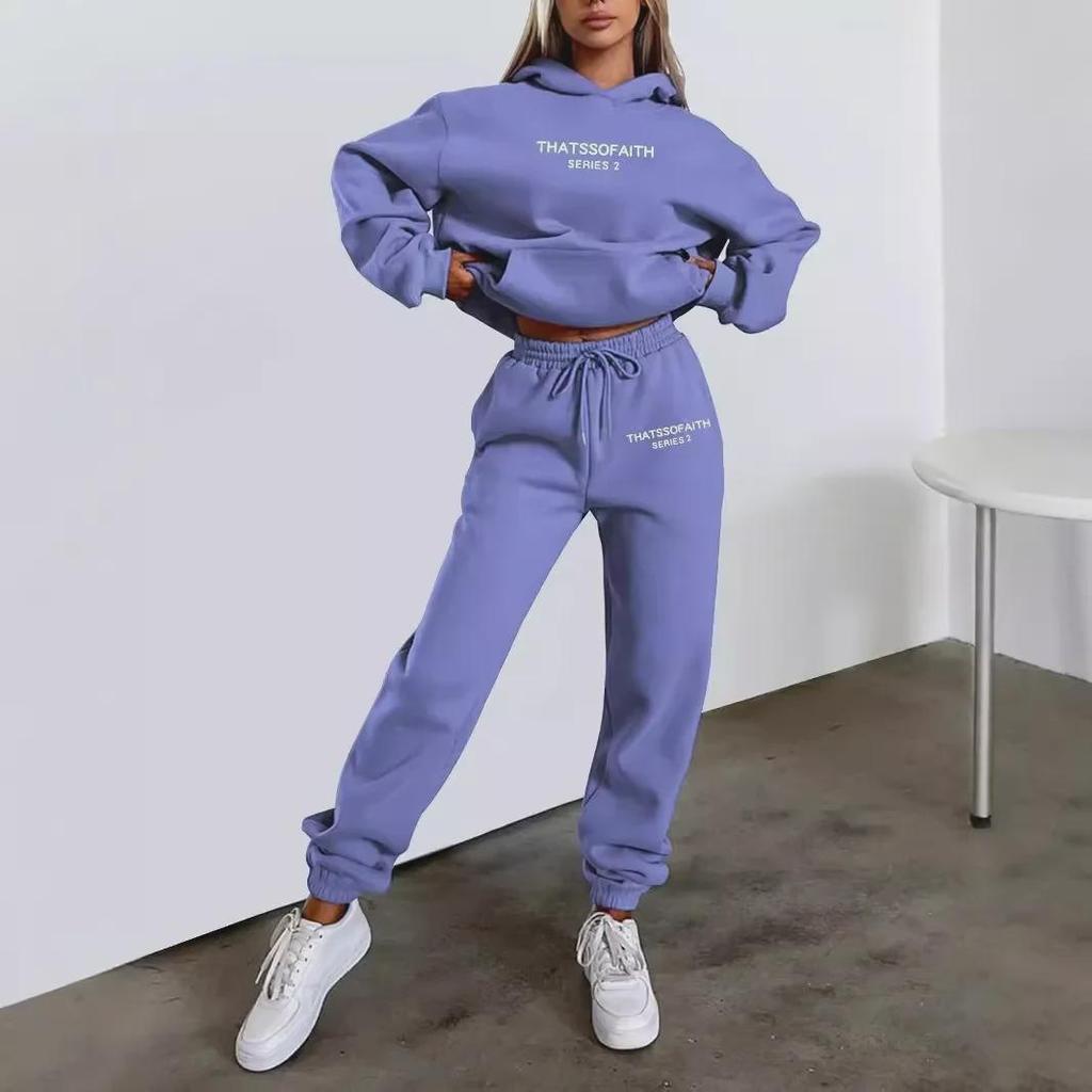 European-American Women's Fashion Letter Print Hoodie & Fleece Jogger Set