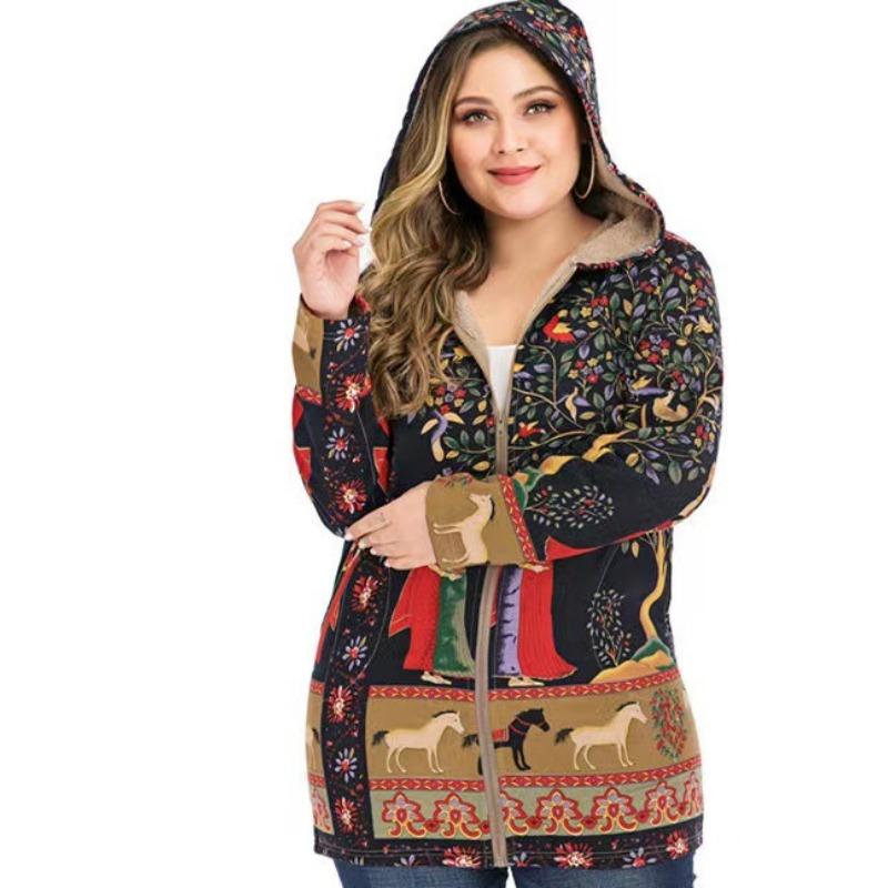 Women Casual Outwear Winter Warm Retro Printed Pockets Zipper Hooded Thicker Coat Plus Size