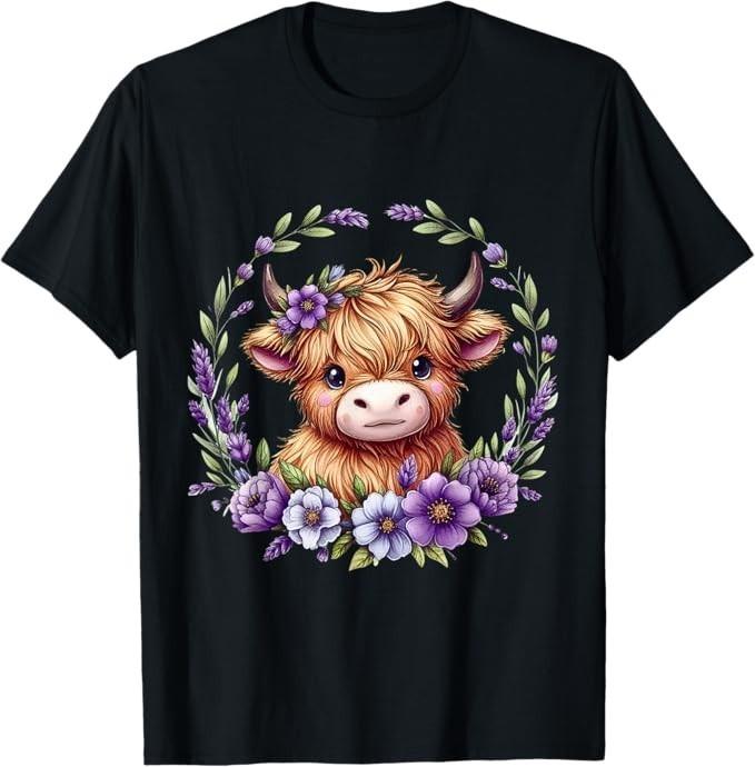 Baby Highland Cow With Purple Flowers Scottish Farm T-T-Shirt 3XL