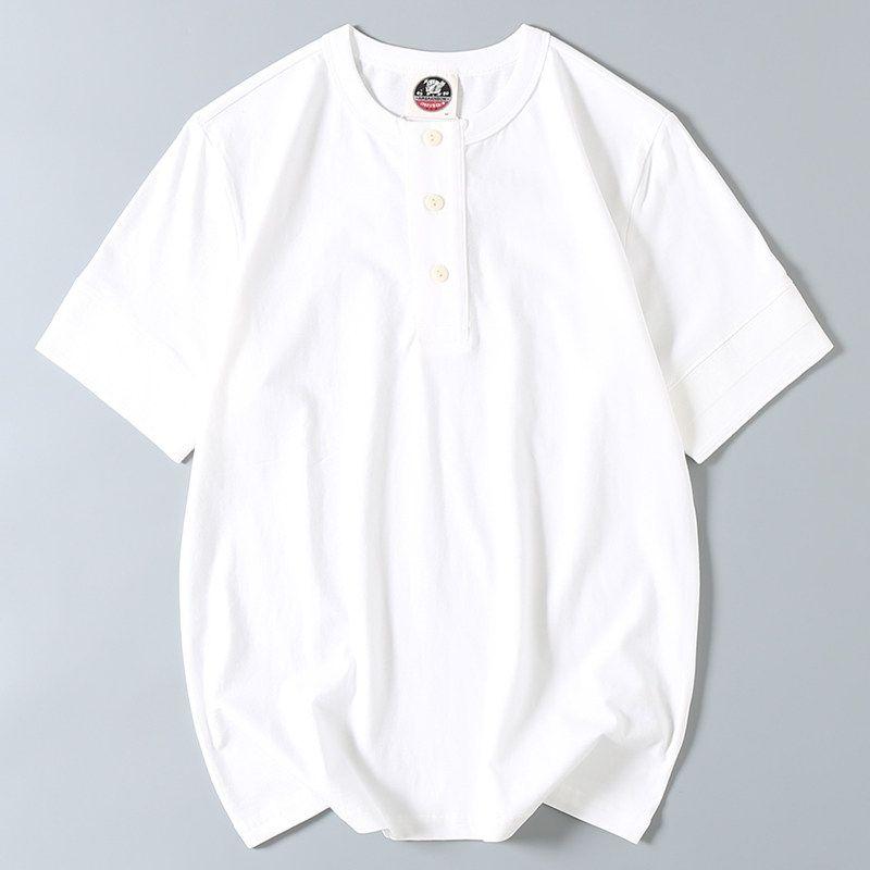 260G Heavy Cotton Henry Collar Short-Sleeved T-shirt Summer Men's Retro Trendy Versatile Cotton Half-Sleeve Bottoming Shirt