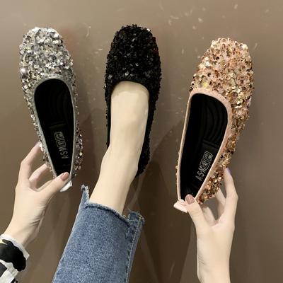 Novos sapatos femininos primavera e outono sapatos boca rasa conjunto de sapatos planos sapatos de feijão feminino lantejoulas único sapato mulher