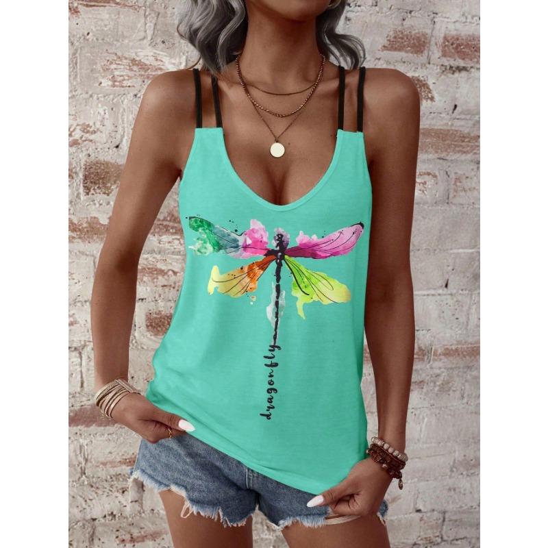 Womens V Neck Double Strap Tank Top With Dragonfly Print Casual Solid Color Sleeveless Blouse