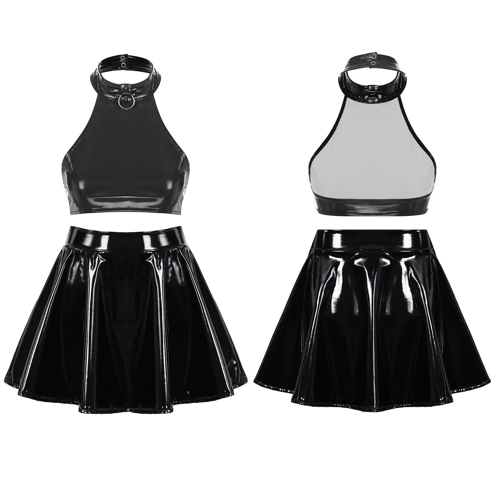 

Жіноча лакована жилетка та міні-спідниця з високою талією, плісирована спідниця-трапеція, диско-рейв, танцювальний костюм, клубний одяг XL