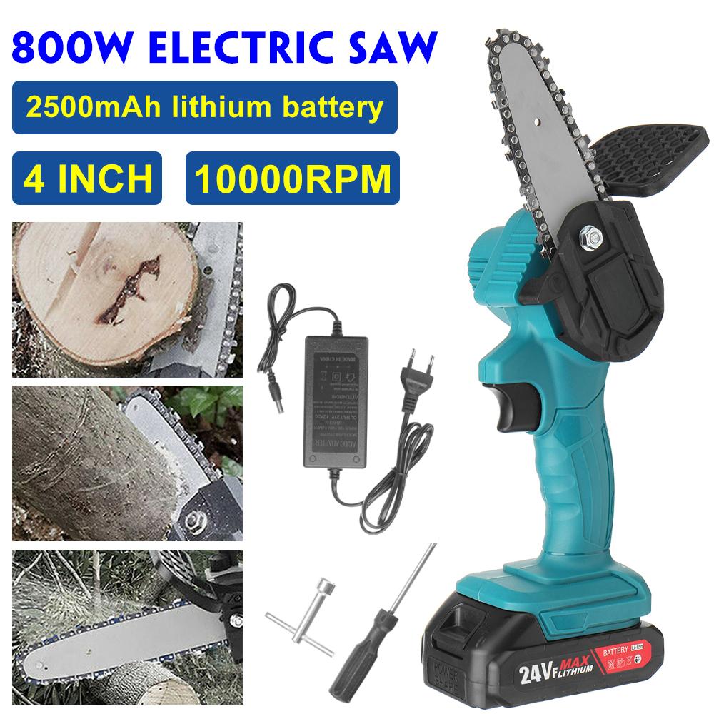 4 Inches Mini Cordless Electric Chain Saw 24V Lithium Battery Charger Portable Rechargeable Garden Logging Saw  Woodworking Tools