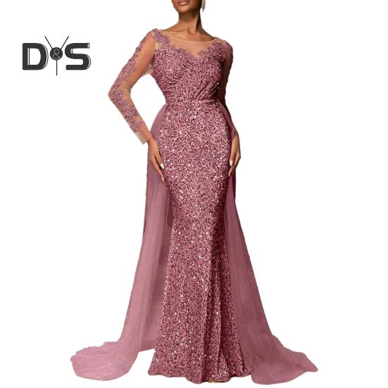 

Женское вечернее платье с пайетками, кружевное облегающее платье макси с длинными рукавами, блестящее платье длиной до пола с сетчатым лоскутным узором для коктейльных свадебных вечеринок S розовый