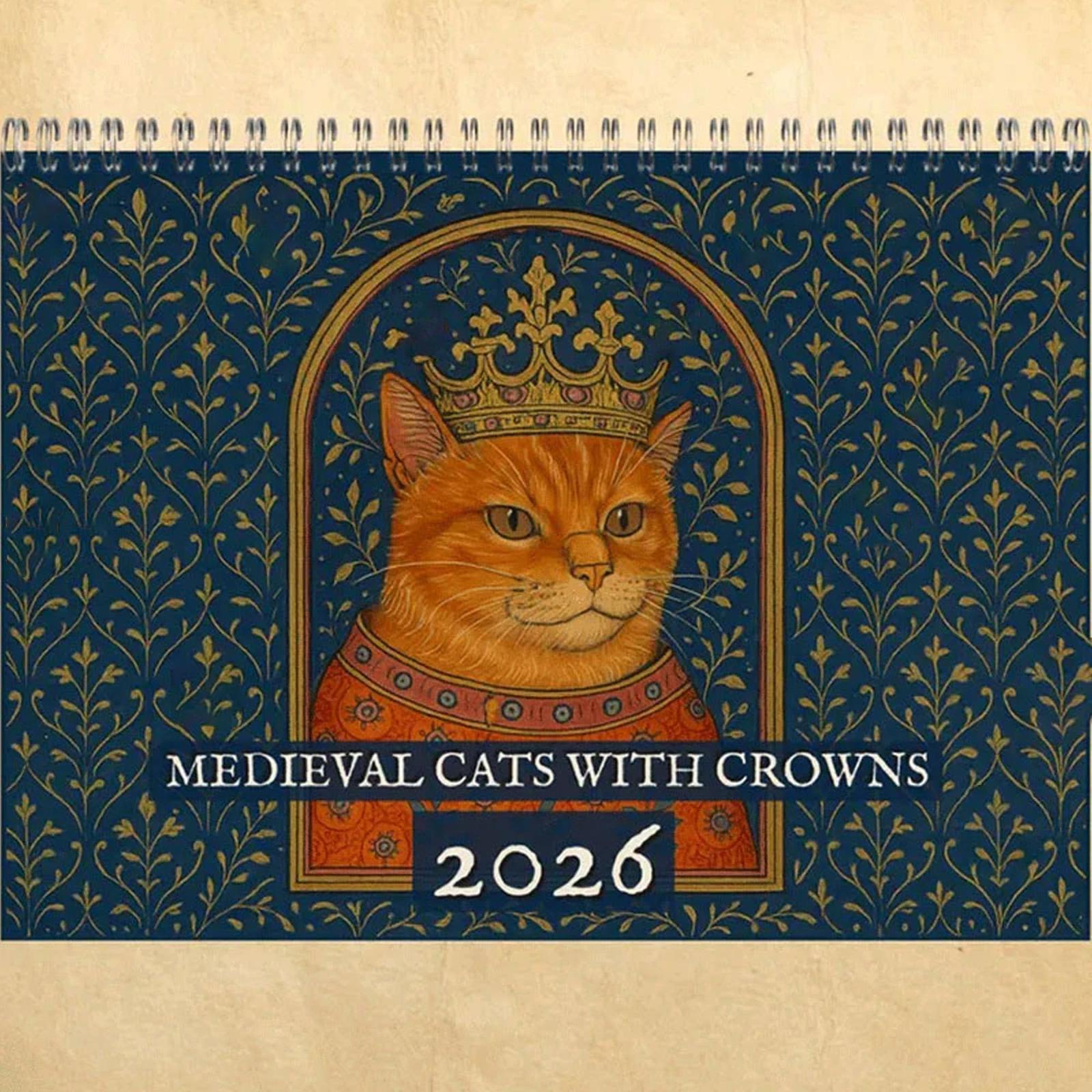 

Календар «Коти в коронах», Химерний середньовічний котячий арт настінний календар, 12-місячні календарі загадок і чарівності, One Size