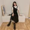 Women's Korean-Style Casual Trendy Waist-Contracting Slimming Long Dress Spliced Solid-Color Short-Sleeve Fake Two-Piece Dress